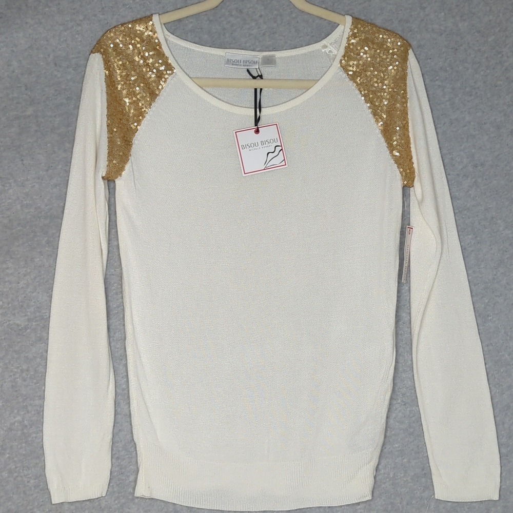 New Bisou Bisou‎ Ivory Knit Long Sleeve Top with Gold Sequin Shoulder Detail S
